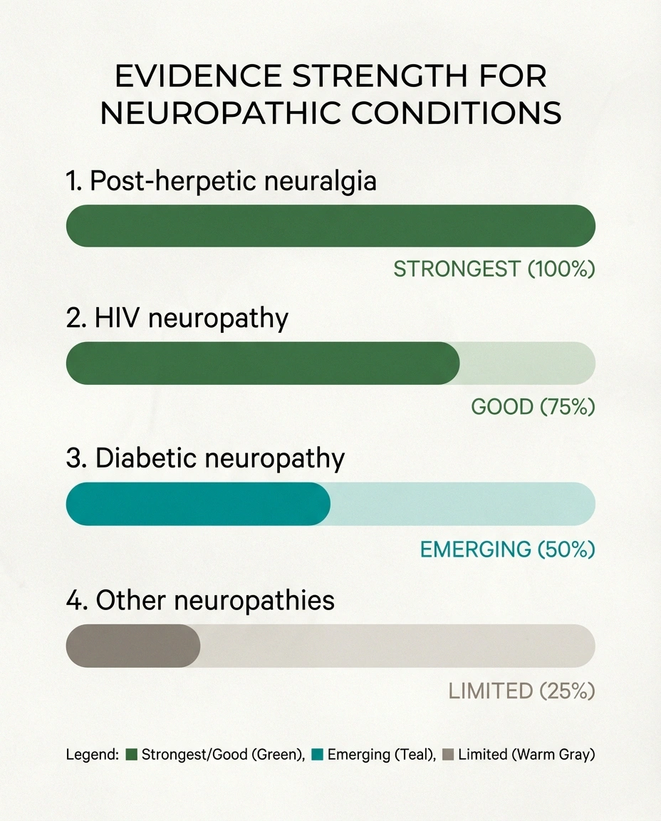 Vertical list of 4 conditions with evidence strength bars: post-herpetic neuralgia (strongest — green, full bar), HIV neuropathy (good — green, 75%), diabetic neuropathy (emerging — teal, 50%), other neuropathies (limited — warm gray, 25%). Clean design with NR palette.