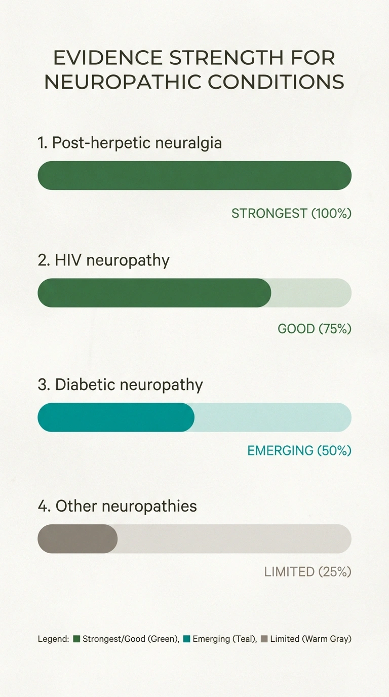Vertical list of 4 conditions with evidence strength bars: post-herpetic neuralgia (strongest — green, full bar), HIV neuropathy (good — green, 75%), diabetic neuropathy (emerging — teal, 50%), other neuropathies (limited — warm gray, 25%). Clean design with NR palette.