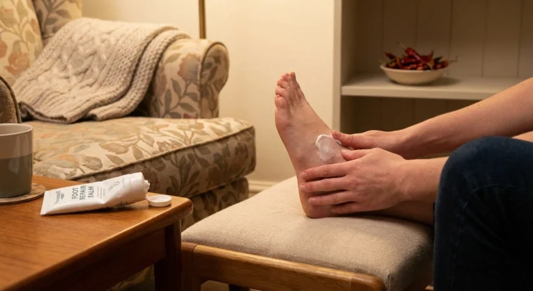 Close-up of hands applying a cream to feet, with a tube of cream nearby. Warm home lighting, comfortable chair visible. Clean, medical-adjacent but approachable. Some chili peppers subtly visible in background for visual interest.