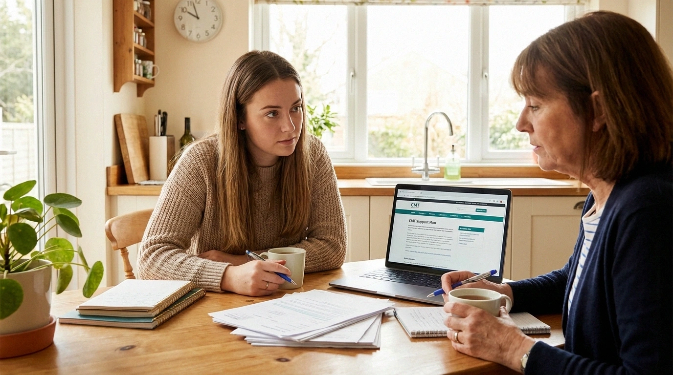 Young adult reviewing CMT genetic diagnosis documents with a supportive family member at kitchen table