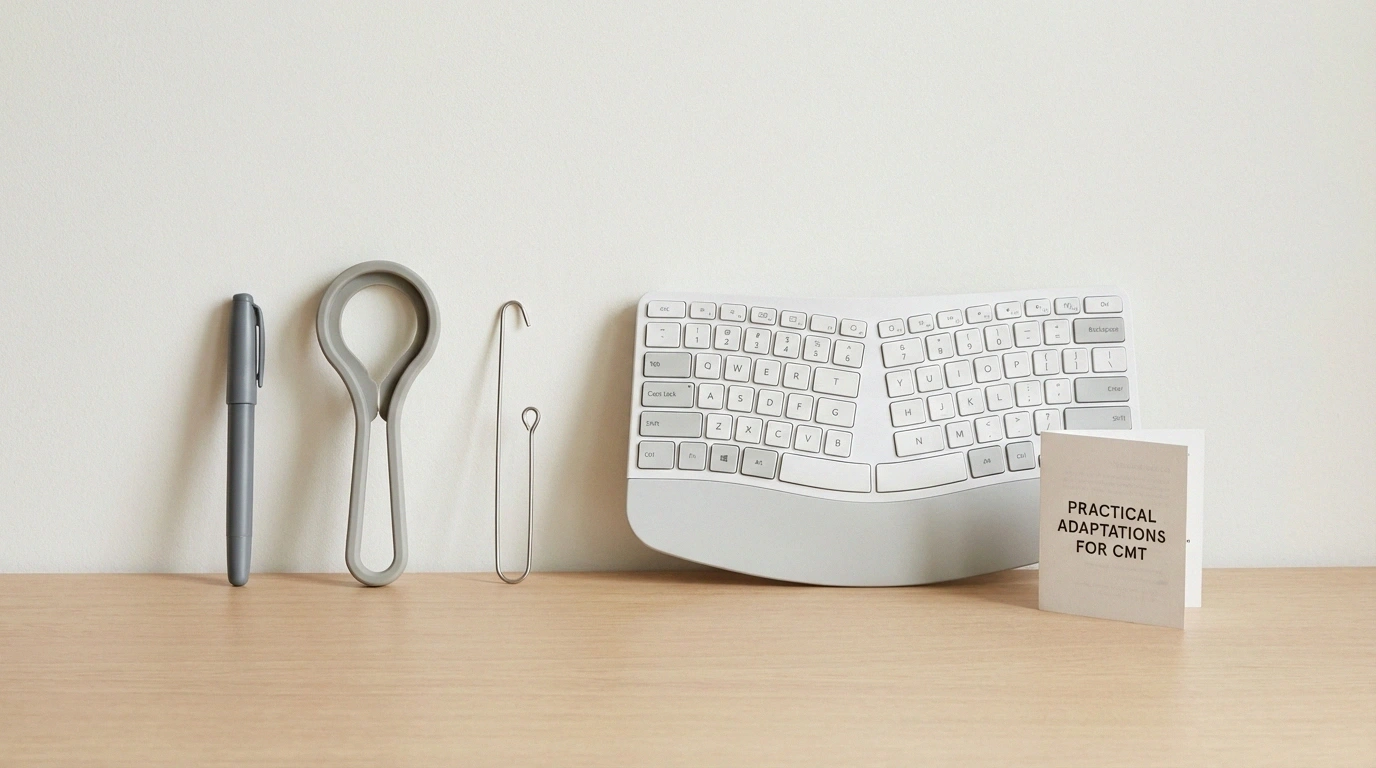 Adaptive tools for CMT hand function: thick-grip pen, jar opener, button hook, ergonomic keyboard