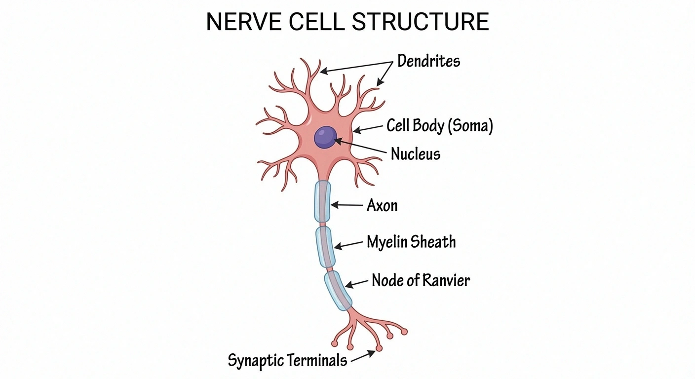 Annotated diagram comparing healthy nerve with demyelinated CMT nerve showing myelin versus axon damage