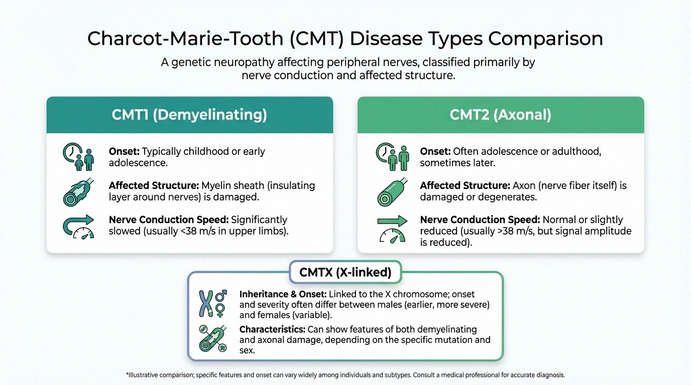 Comparison card showing CMT1, CMT2, and CMTX types with key clinical differences