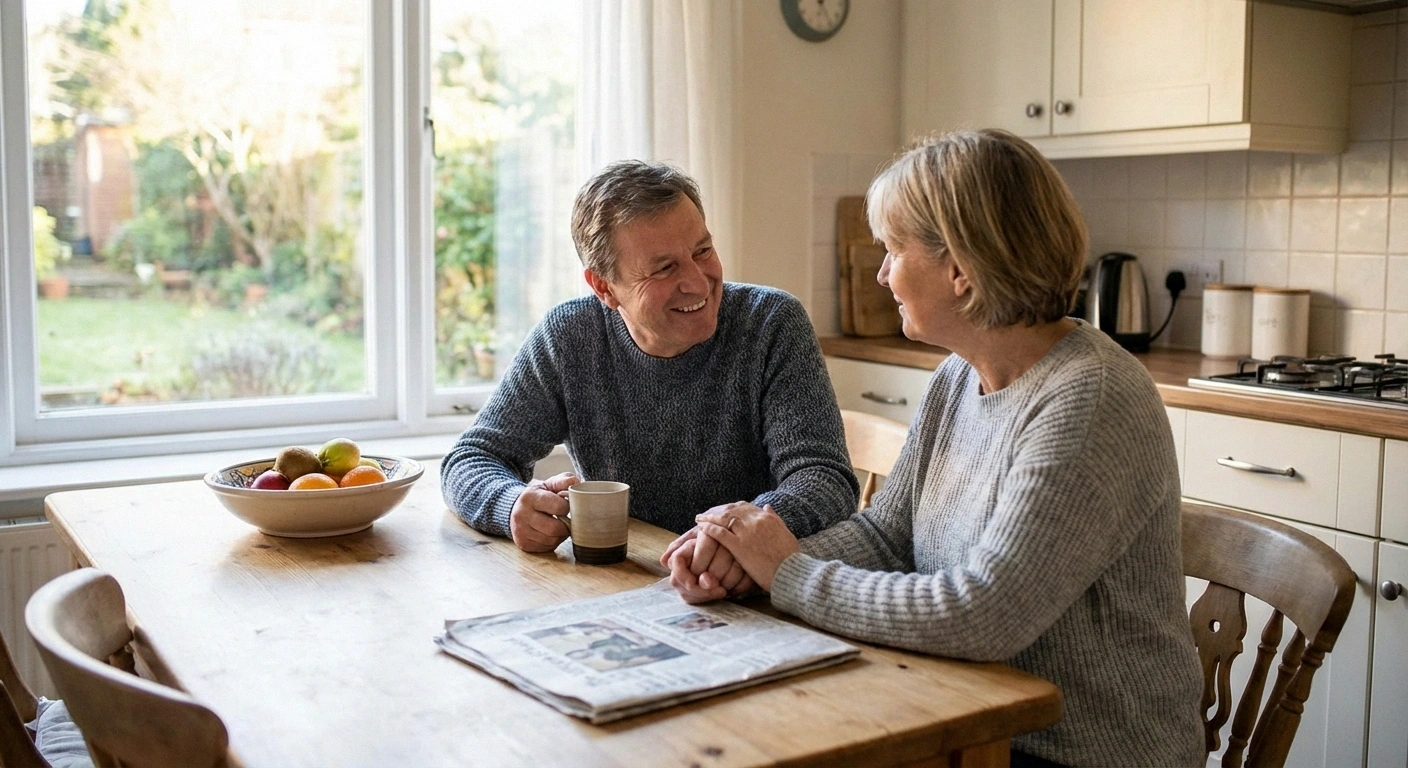 Couple communicating calmly at kitchen table about neuropathy impacts on their relationship