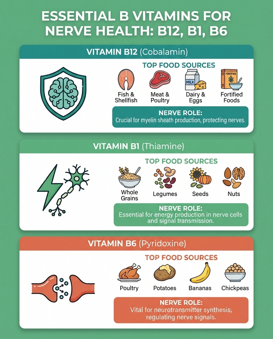 Infographic showing B vitamins essential for nerve health including B12, B1, and B6 with food sources