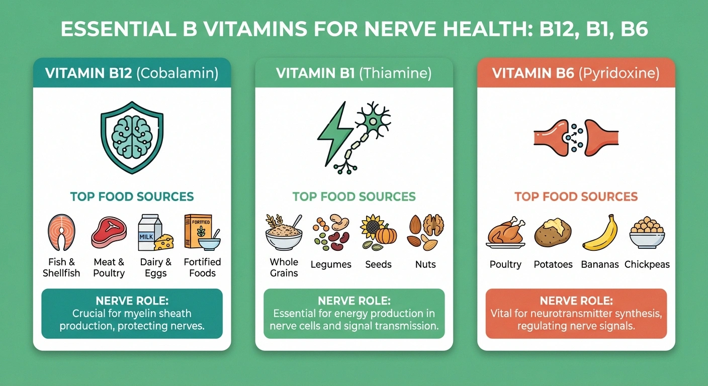 Infographic showing B vitamins essential for nerve health including B12, B1, and B6 with food sources