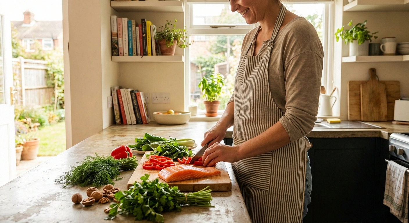 Person casually preparing a nerve-healthy meal at home with vegetables and salmon as part of sustainable dietary change