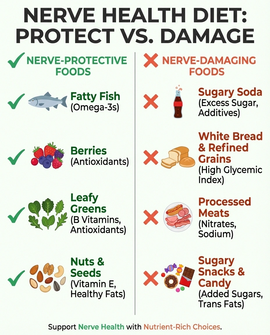 Comparison infographic showing foods that protect nerves versus foods that damage nerves
