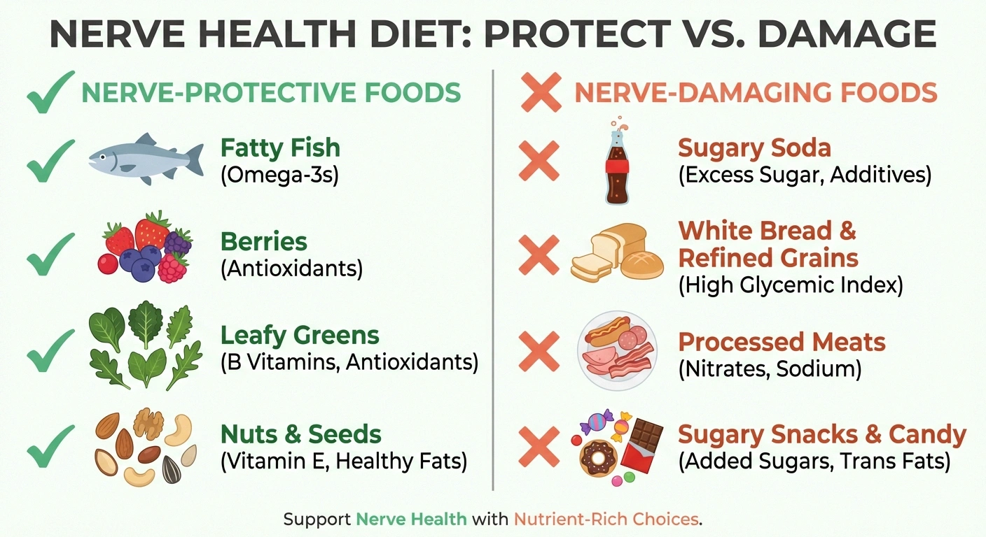 Comparison infographic showing foods that protect nerves versus foods that damage nerves
