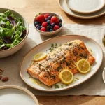 Mediterranean diet foods spread on wooden table including salmon, berries, leafy greens, nuts, and olive oil for neuropathy prevention
