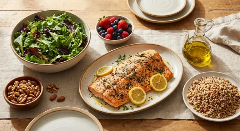 Mediterranean diet foods spread on wooden table including salmon, berries, leafy greens, nuts, and olive oil for neuropathy prevention