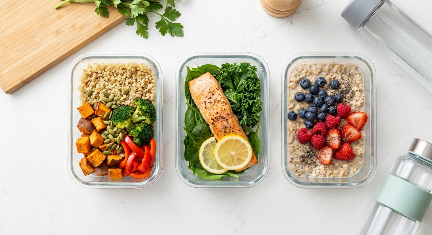 Meal prep containers with nerve-healthy foods including salmon, quinoa, vegetables, and berries for neuropathy prevention