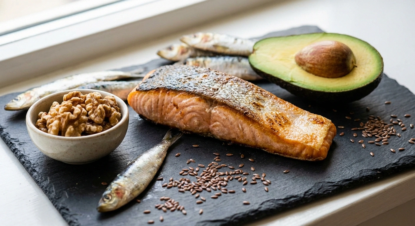 Omega-3 rich foods for nerve health including salmon, walnuts, flaxseeds, and sardines