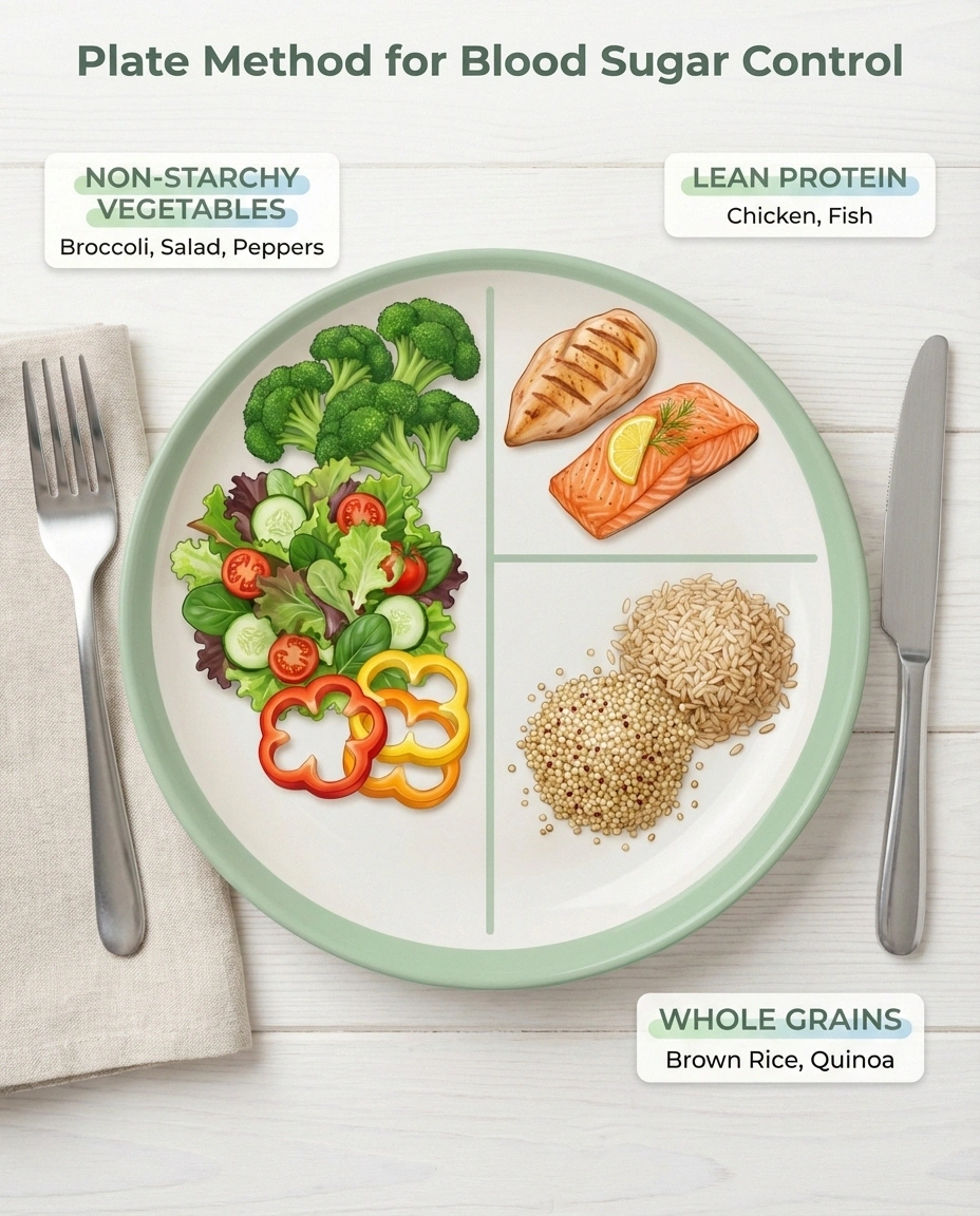 The plate method for blood sugar control showing half vegetables, quarter protein, quarter whole grains