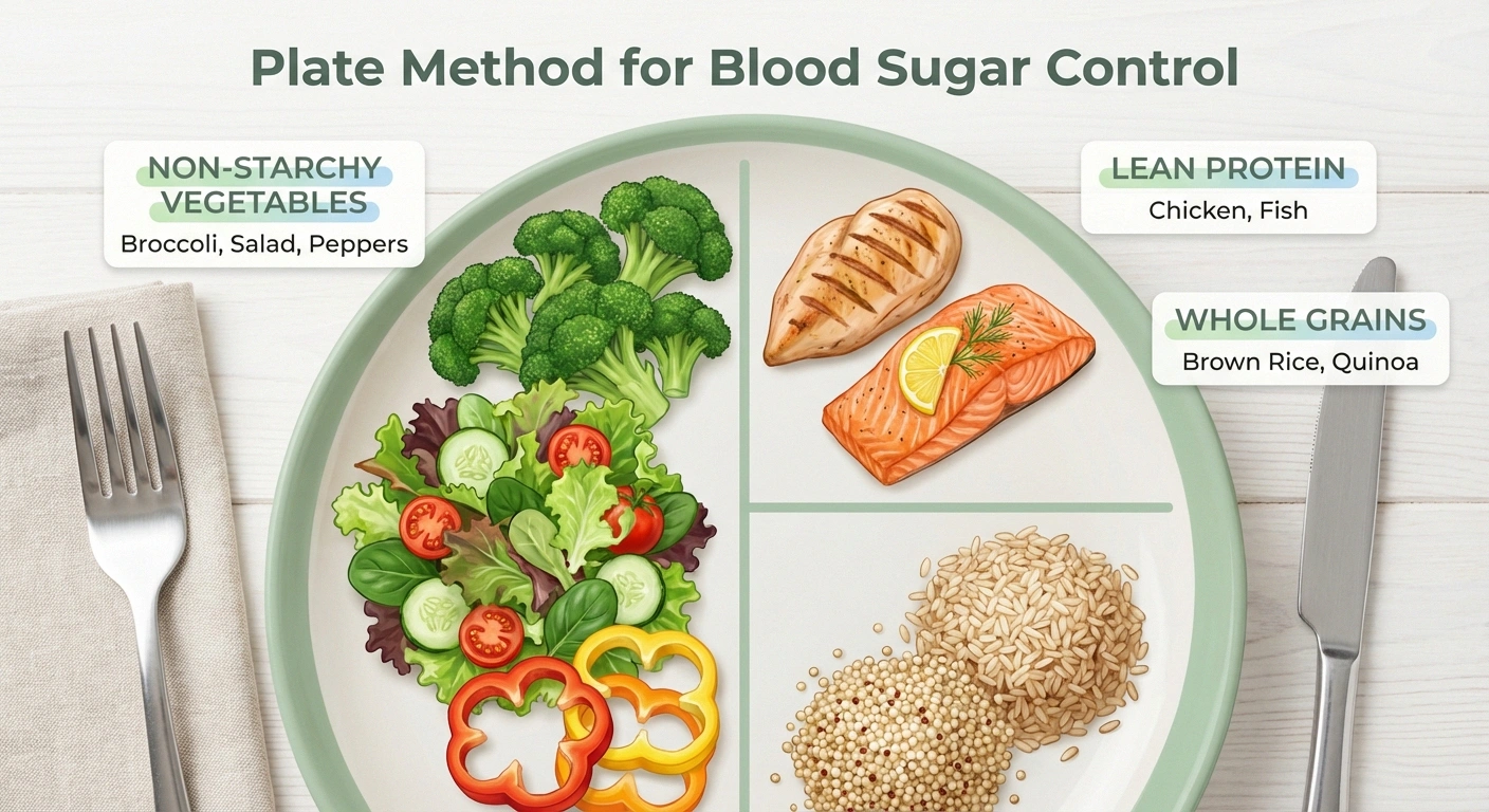 The plate method for blood sugar control showing half vegetables, quarter protein, quarter whole grains