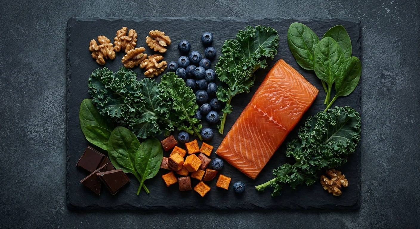 Top nerve-protective whole foods including leafy greens, blueberries, walnuts, salmon, and sweet potatoes