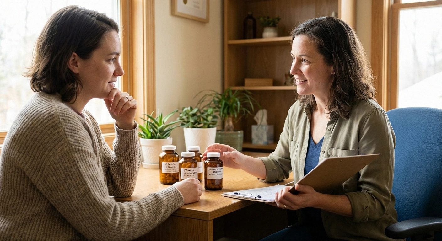 Patient discussing dietary supplements for nerve health with their doctor during a consultation