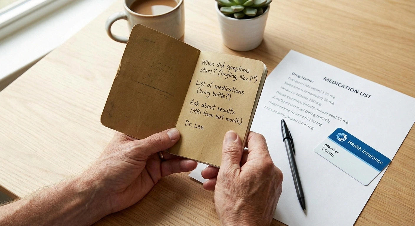 Patient notebook with prepared questions medication list and insurance card ready for EMG nerve conduction study appointment