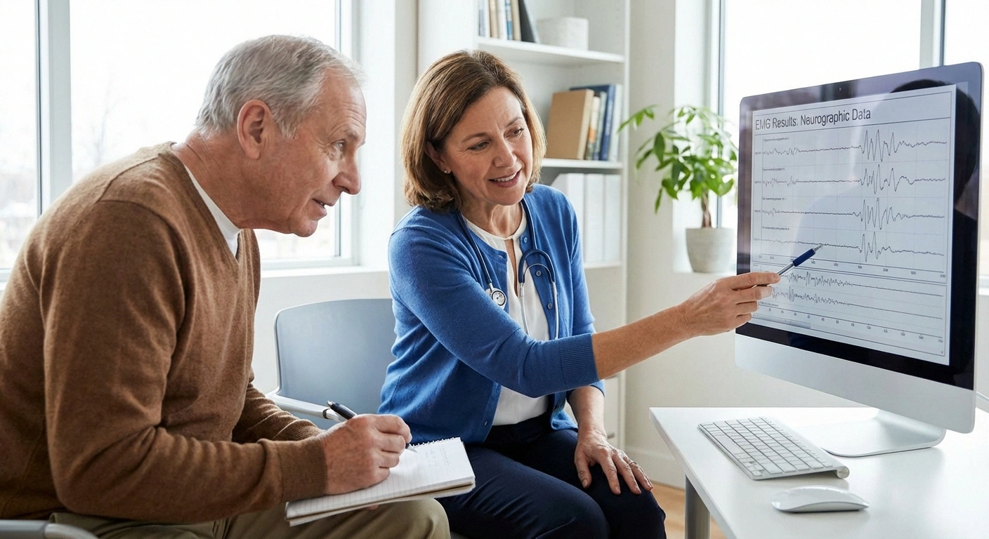 Doctor explaining EMG nerve conduction study results to patient while reviewing data on computer screen