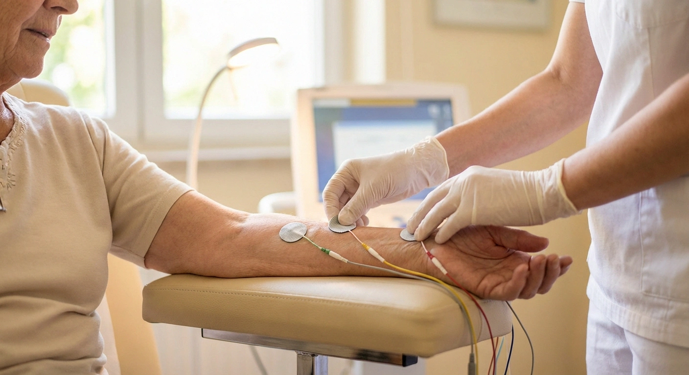 Technician placing electrode stickers on patient forearm for nerve conduction study testing