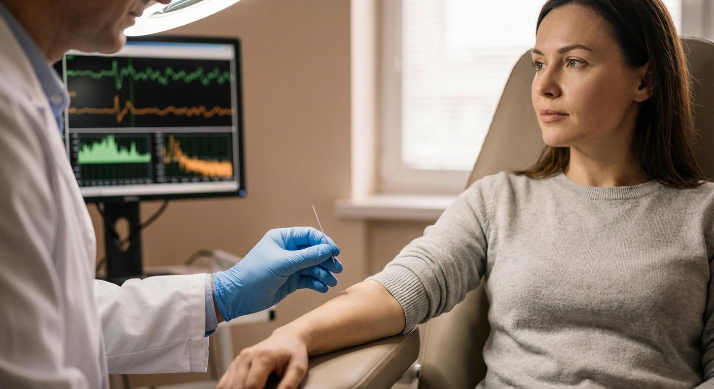 Neurologist performing needle EMG test on patient muscle while wave patterns display on background monitor