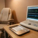 EMG electromyography machine with monitor showing wave patterns and electrode supplies in neurologist office
