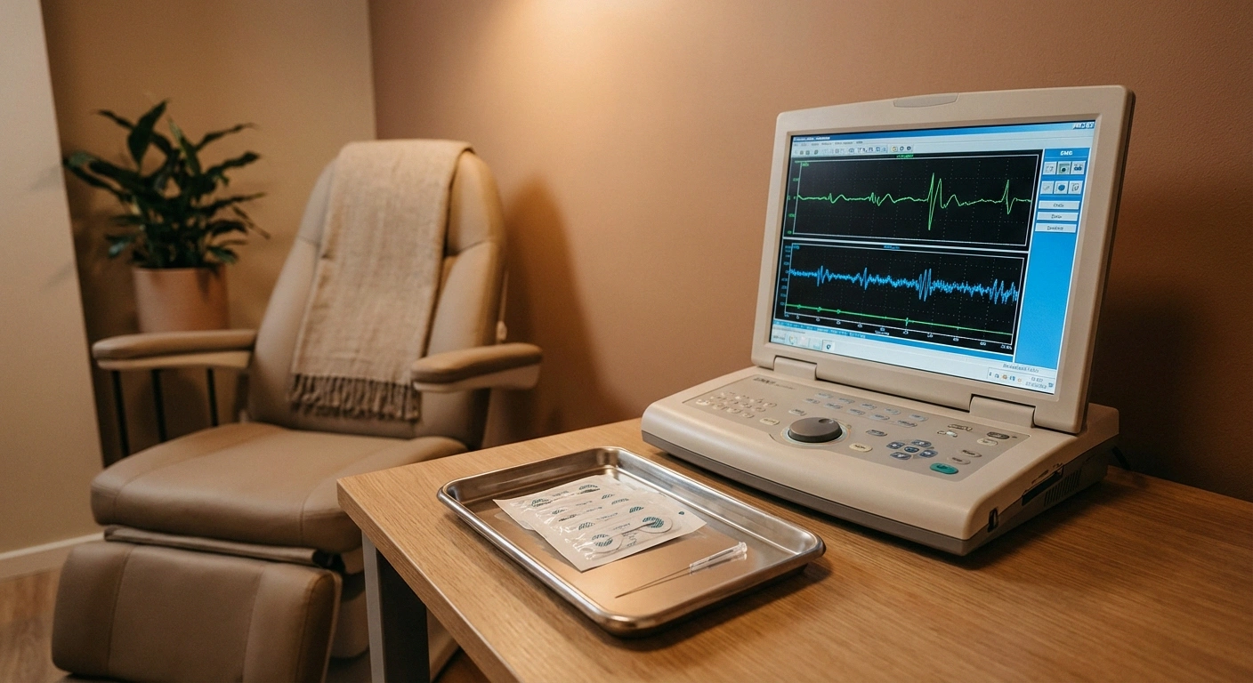 EMG electromyography machine with monitor showing wave patterns and electrode supplies in neurologist office