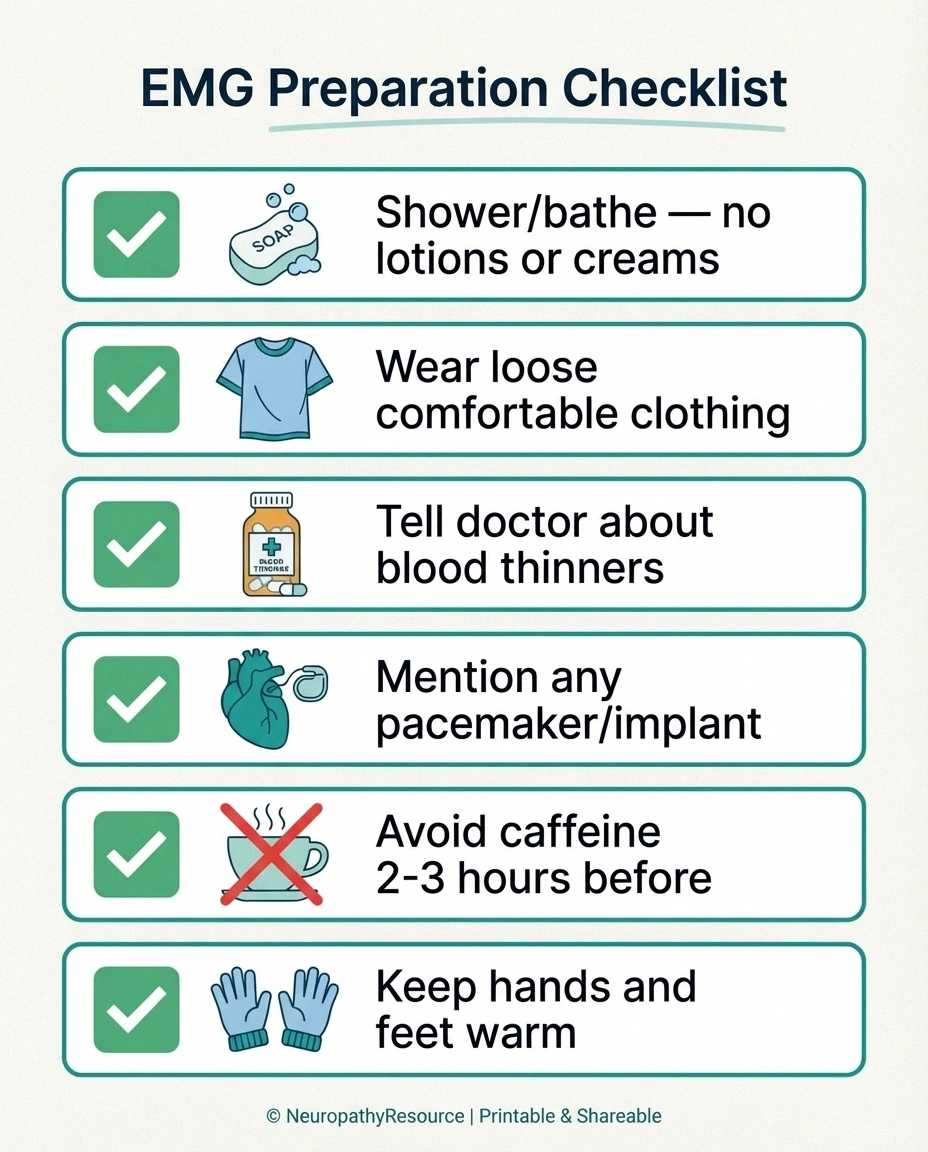 EMG preparation checklist infographic showing six steps including bathing avoiding lotions wearing loose clothing and staying warm
