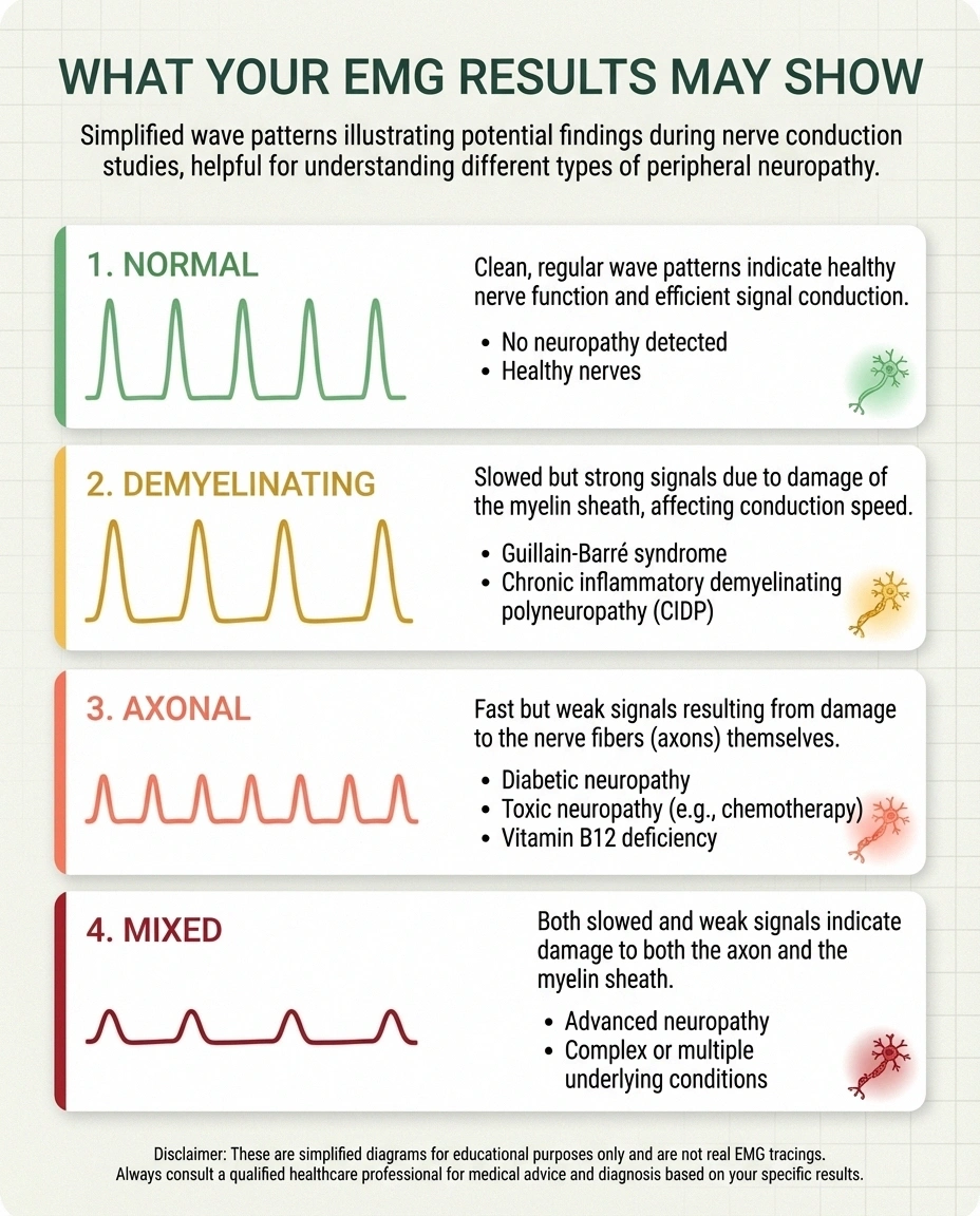 Infographic showing four EMG result patterns normal demyelinating axonal and mixed with simplified wave diagrams and explanations