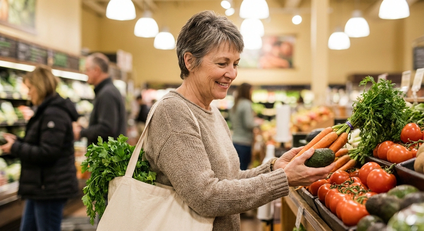 Woman shopping for neuropathy-friendly foods in grocery store produce section