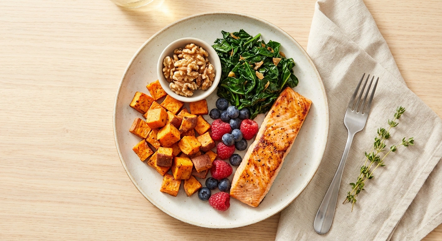 Neuropathy-friendly plate with salmon leafy greens berries and walnuts for nerve health