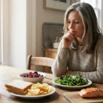 Woman considering neuropathy trigger foods and healthy alternatives on kitchen table