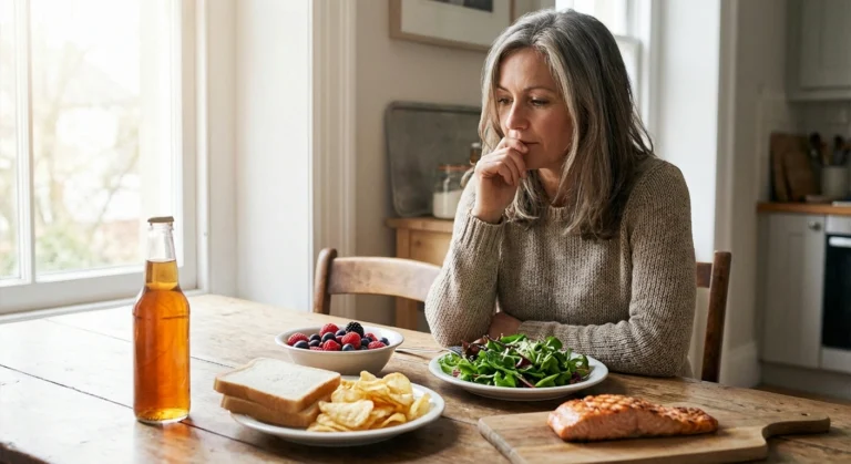 Woman considering neuropathy trigger foods and healthy alternatives on kitchen table