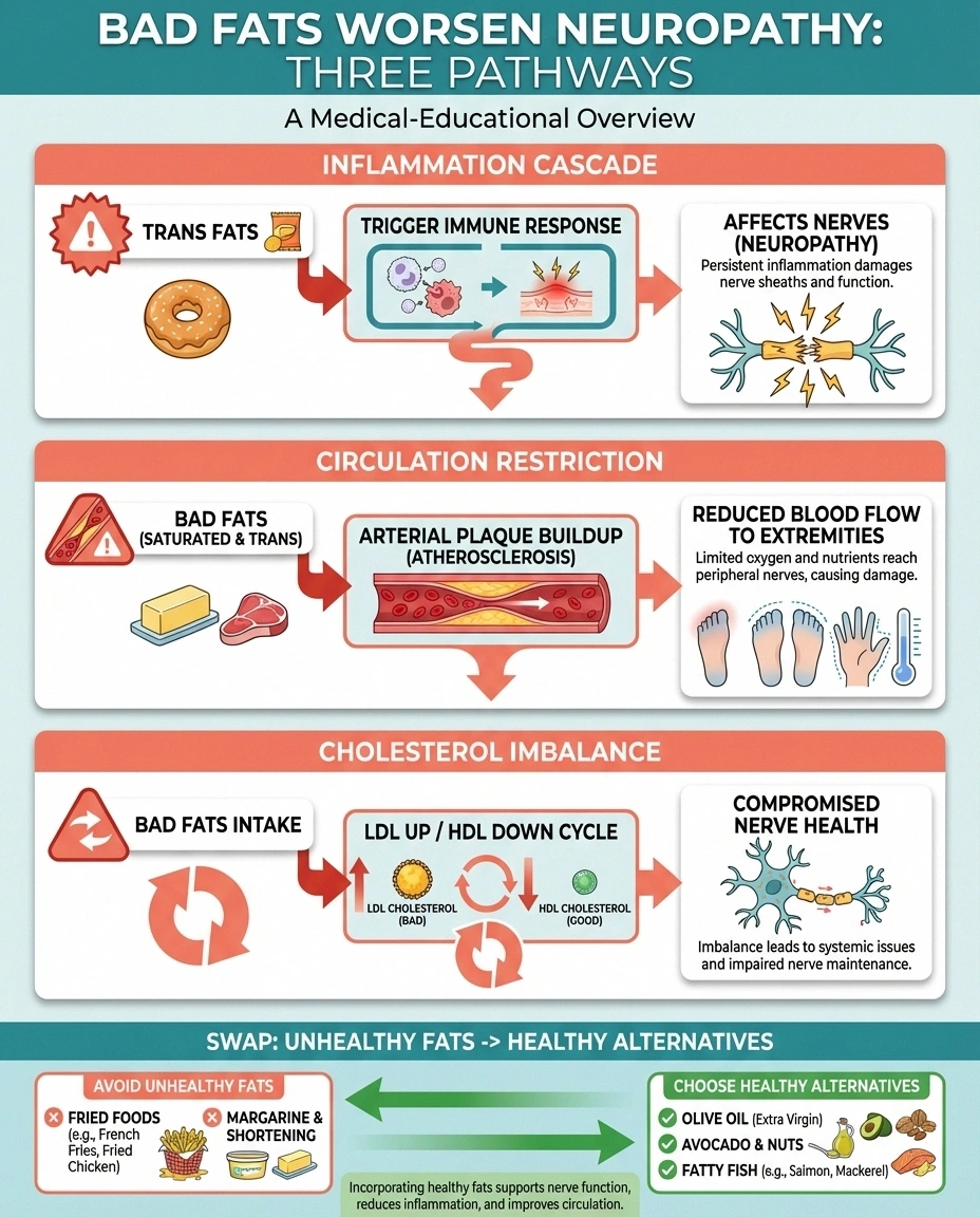 Infographic explaining three ways unhealthy fats worsen neuropathy through inflammation circulation and cholesterol