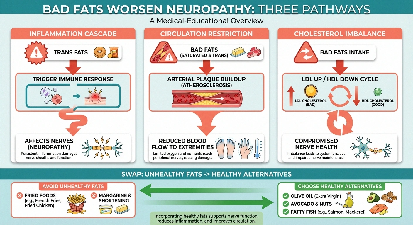 Infographic explaining three ways unhealthy fats worsen neuropathy through inflammation circulation and cholesterol