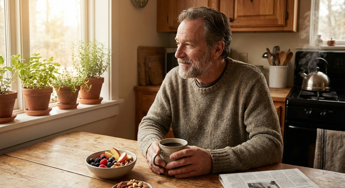 Person enjoying plain black coffee at kitchen table in morning showing moderate coffee intake is generally safe for neuropathy