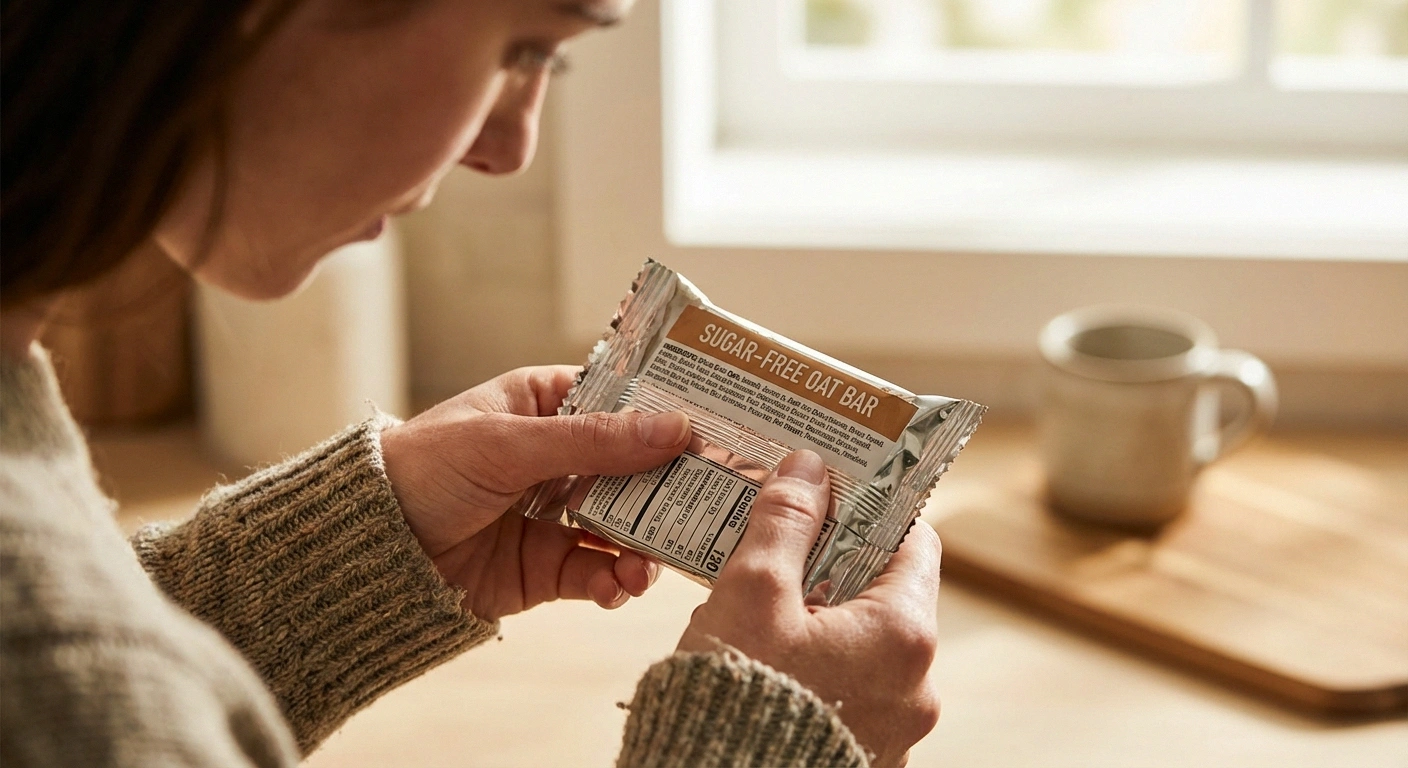 Person carefully reading food ingredient label to identify artificial sweeteners and additives that may worsen neuropathy