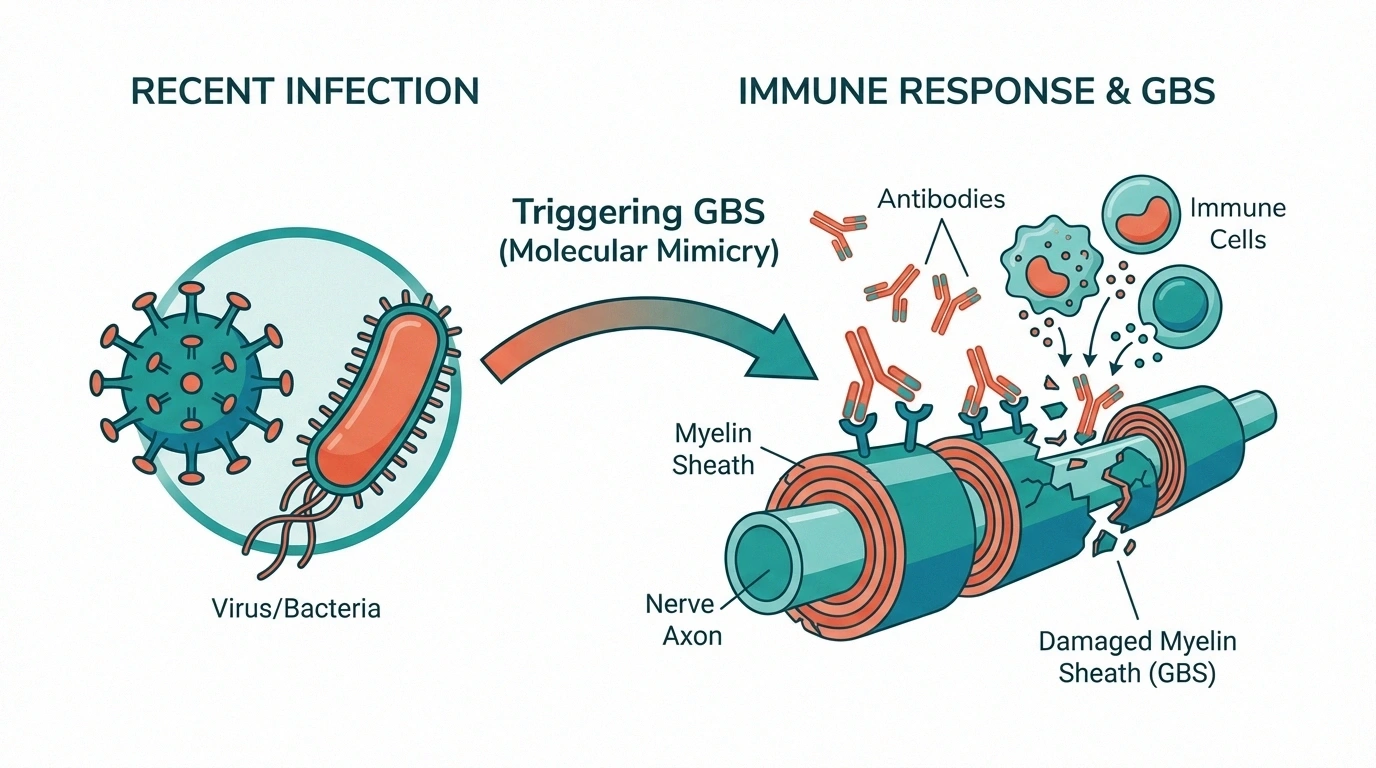 Medical illustration showing how a prior infection triggers autoimmune nerve attack in Guillain-Barré syndrome