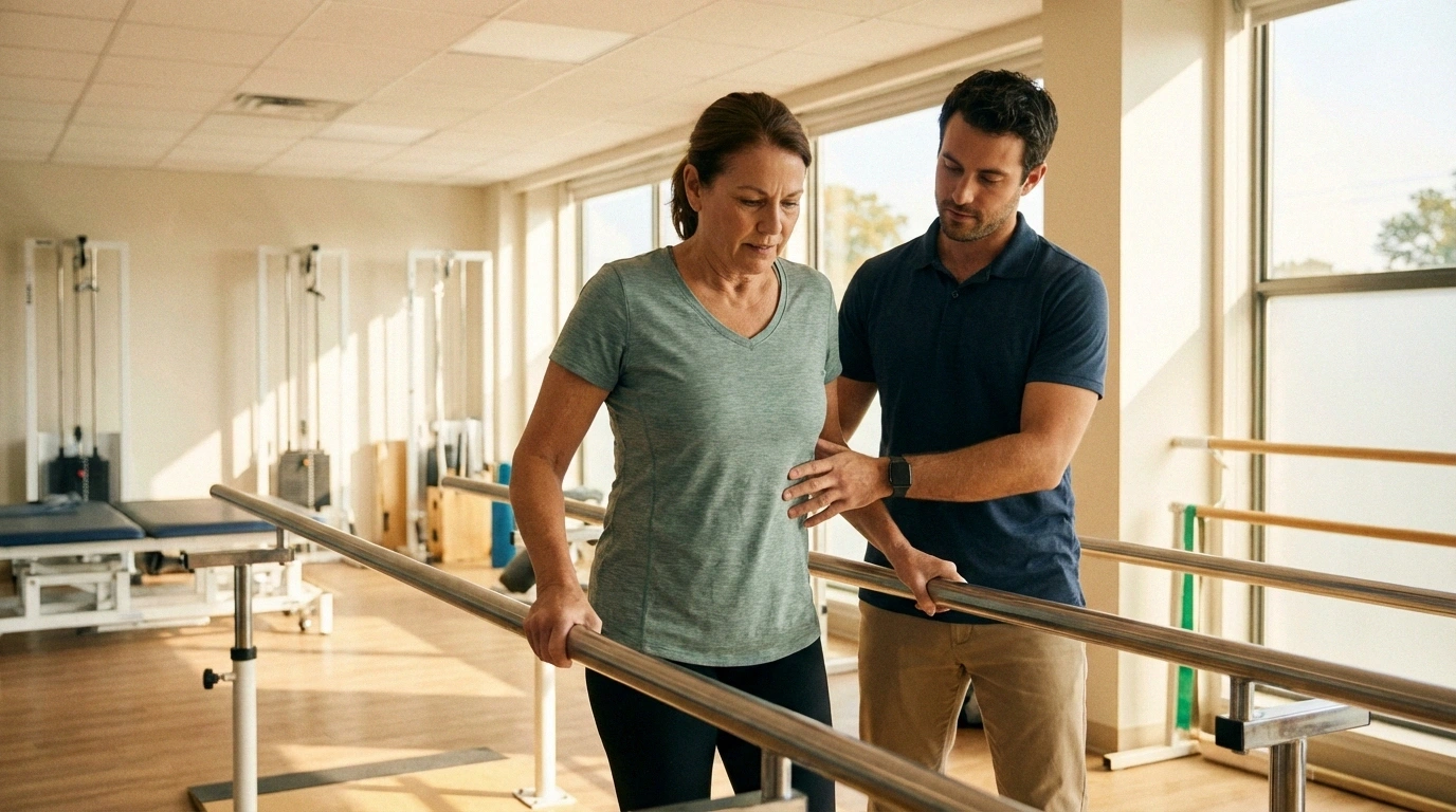 GBS patient making steady rehabilitation progress using parallel bars with physical therapist