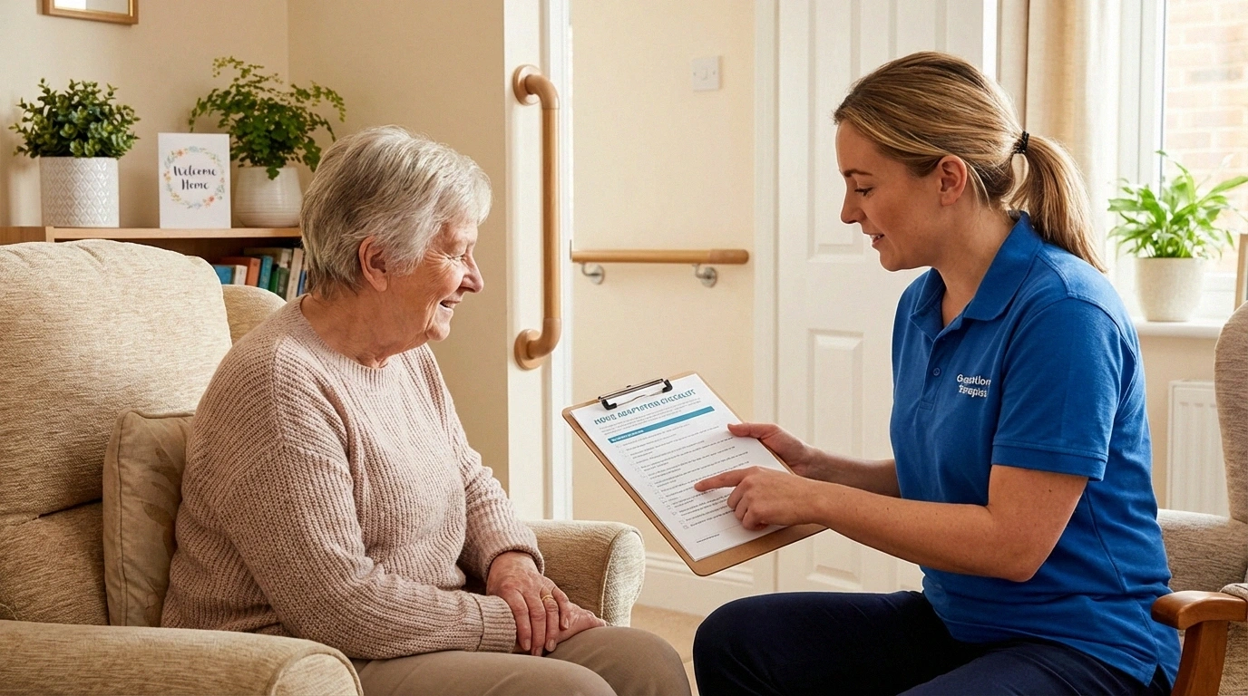 GBS patient and occupational therapist reviewing home adaptation checklist after hospital discharge