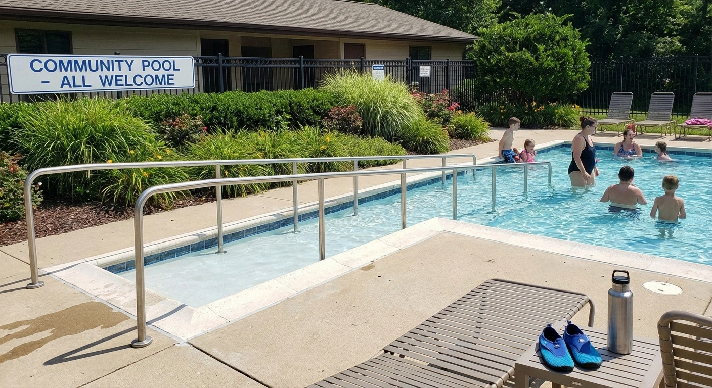 Pool area showing accessibility features: ramp entry or handrails, water shoes on the pool deck, a water bottle. Inviting community pool setting.
