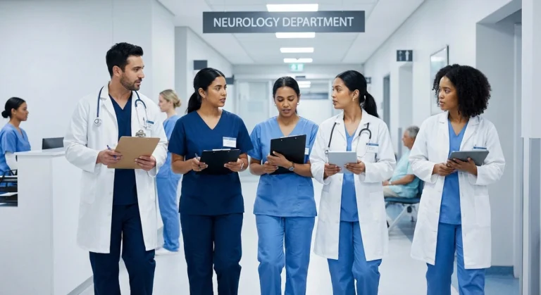 Hospital hallway with neurology team walking, no distress closeups