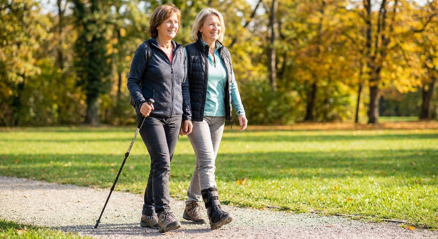 Adult with ankle brace walking outdoors with support