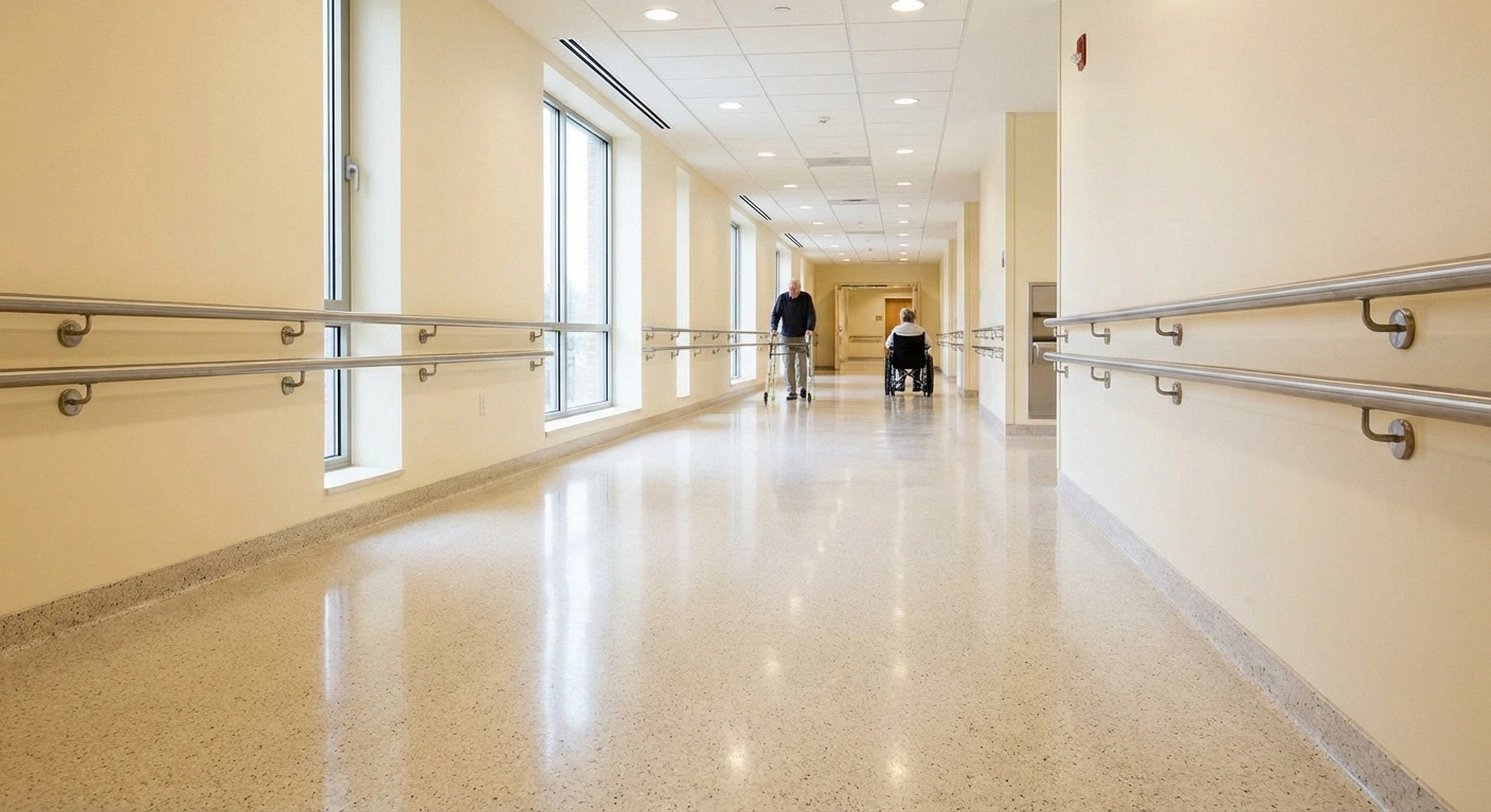 Well-lit home hallway with grab bars and clear floor space for CMT fall prevention safety