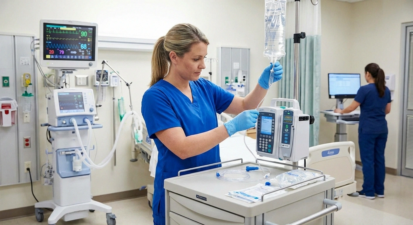 Nurse preparing IVIG infusion equipment for Guillain-Barré syndrome hospital treatment