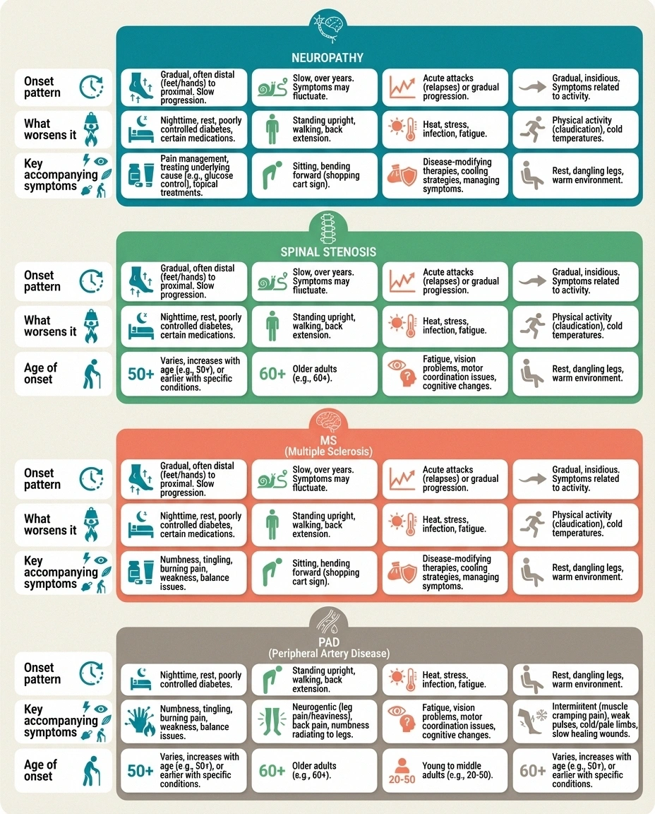 Comparison infographic showing key differences between neuropathy spinal stenosis MS and PAD leg weakness patterns