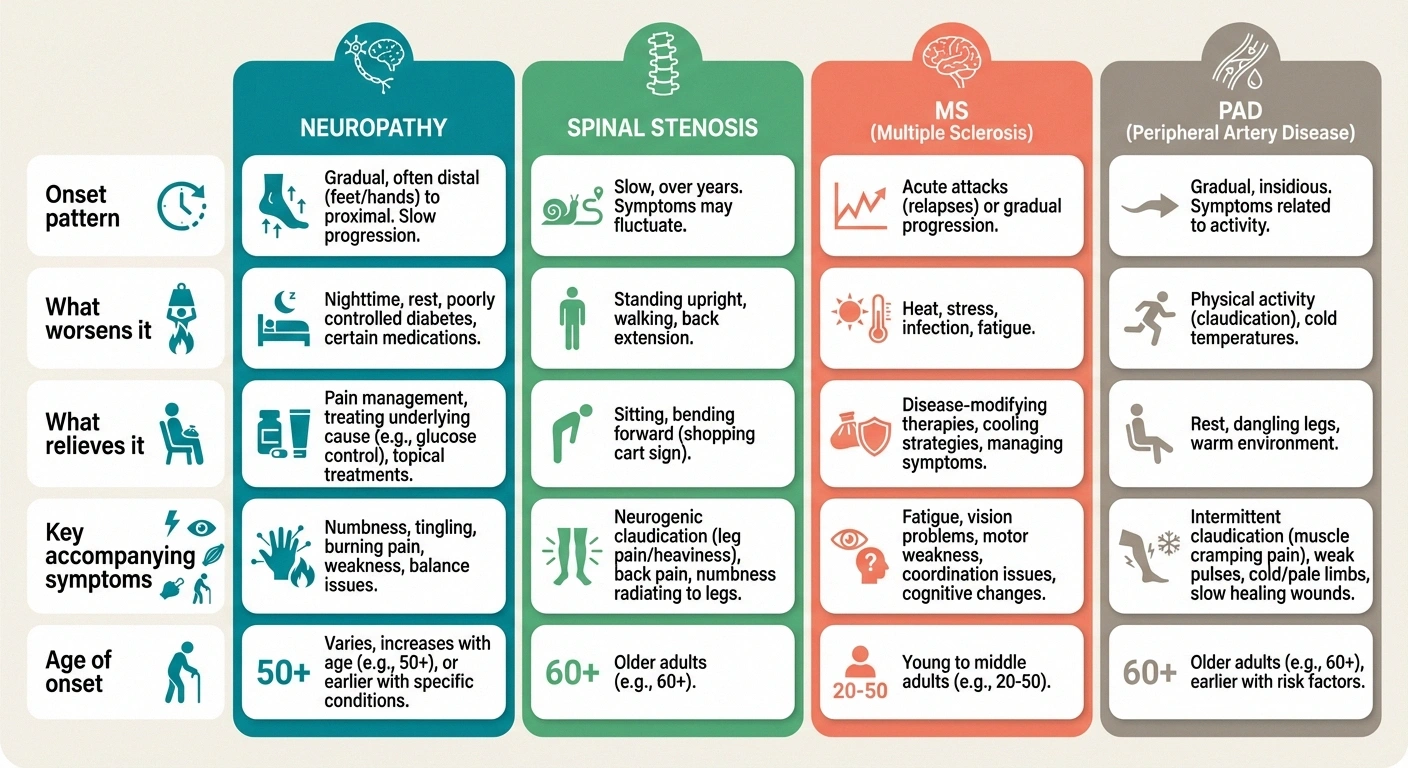 Comparison infographic showing key differences between neuropathy spinal stenosis MS and PAD leg weakness patterns