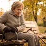 Senior woman sitting on park bench with walking cane looking at her legs with concern
