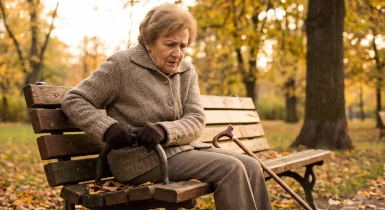 Senior woman sitting on park bench with walking cane looking at her legs with concern