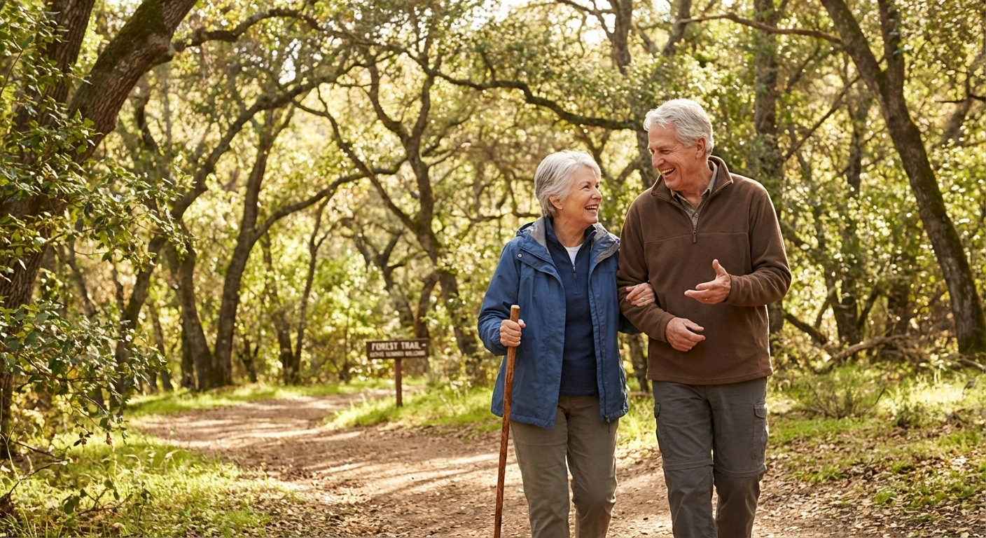 Older couple walking together on nature trail with one person using walking stick for stability